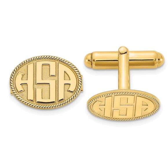 14K Yellow Gold Plated Silver Raised Initials Oval Cuff Links 17x12mm